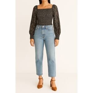 GIANNI BINI Smocked Floral Puff Sleeve Cropped Blouse | Large | Navy Multicolor